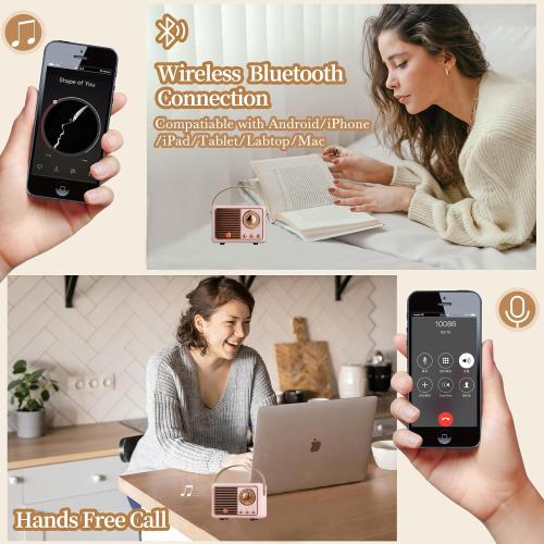 Retro Bluetooth Speaker, Wireless Mini Portable Speakers Vintage Radio Support USB/TF Card/AUX, Cute Bluetooth Speaker for Kitchen Desk Bedroom Office, Birthday Gifts for Women Teenage, Pink