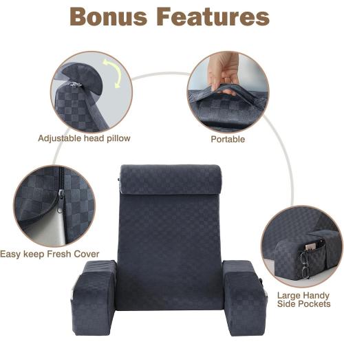Vekkia Large Reading Pillow with Adjustable Arms & Headrest – Wide Backrest Cushion for Adults with Extra-Large Pockets for Reading, TV, Gaming & Work, Recovery on Bed & Floor, 21(Grace Grey)