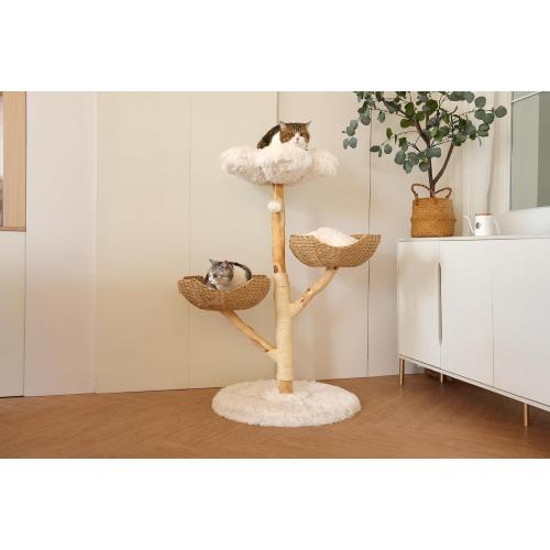 Size 45 Modern Cat Tree Tower, 45” Wooden Cat Tree for Indoor Cats Large Adult, Real Solid Luxury Cat Condo with Scratching Post for Multi-Cat Households