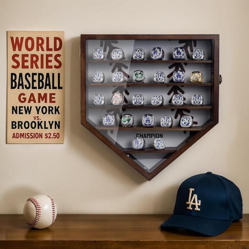 Championship Ring Display Case Display 25pcs Rings,Baseball Ring Display Case with LED Light,Wall Mount Wooden Shadow Box for Multiple Ring