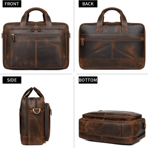 Dark Brown Augus Business Travel Briefcase Genuine Leather Duffel Bags for Men Laptop Bag fits 15.6 inches Laptop YKK Metal Zipper (Dark brown)