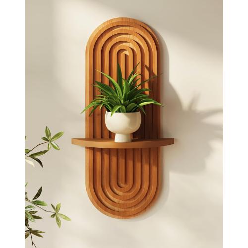 Bamworld Boho Wall Decor Brown Plant Wall Shelf, Mid Century Modern Decor Hanging Plant Shelf, 1-Tier Bamboo Floating Shelves for Home Bathroom Bedroom Living Room Holding Planter Decoration Brown