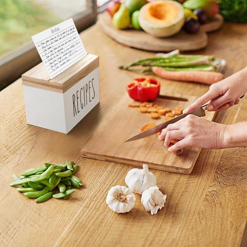 Dahey Wooden Recipe Box White Recipe Organizer with 100 Recipe Cards and 6 Dividers, Recipe Card Holder Box Set with Lid and Slots to Write in Your Own Recipes for Cooking Lover Kitchen, 6.9''x4.3''