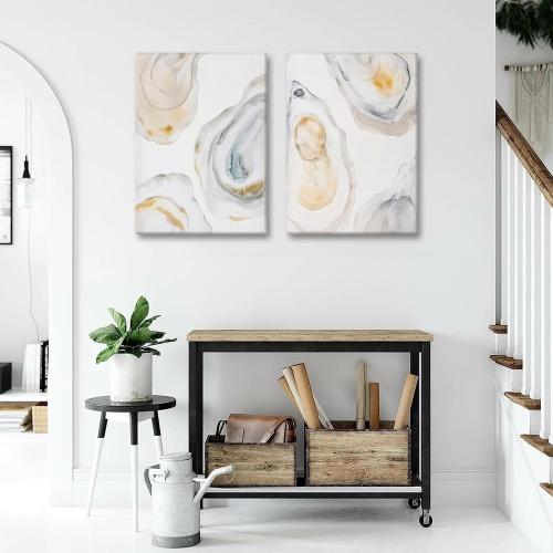 2Pcs Oyster Canvas Wall Art Abstract Coast Wall decor watercolor pictures Minimalist oyster shell prints Beach shell painting artwork for Dining room gallery Home Decoration