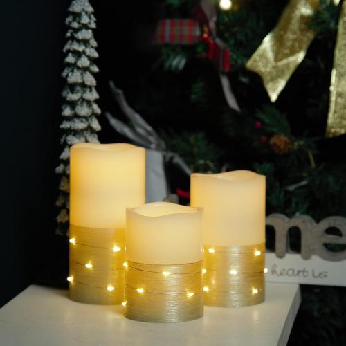 H-BLOSSOM Flickering Flameless Candles Ivory Real Wax Pillar with Embedded String Lights LED Candles Battery Operated with 10 Key Remote and Cycling 5H Timer Set of 3 (3 x 4/5/6) (Gold)