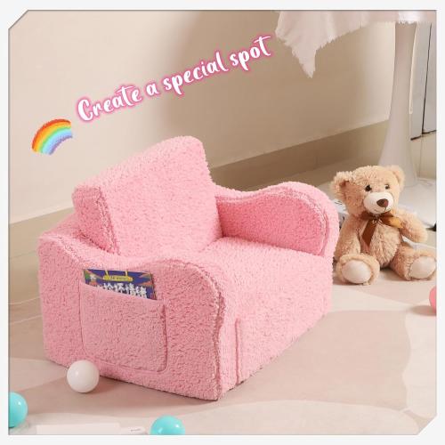 Kids Sofa, 2-in-1 Flip-Out Foam Couch with Soft Sherpa Cover, Cozy Play Lounge Chair, Pink