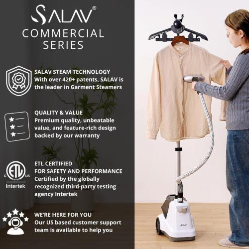 SALAV® Heavy Duty Commercial Full-Size Garment Steamer with Foot Pedals and Extra Large 3L (101.5 oz) Water Tank, 1800 watts, 90 min of Continuous Steam (White) (Renewed)