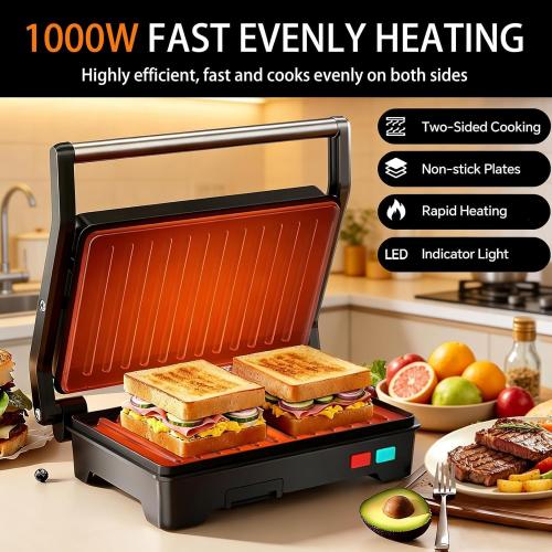 Panini Press Grill, Sandwich Maker with Non-Stick Coated Plates & Removable Drip Tray, 3-in-1 Electric Sandwich Press Opens 180° Flat, Stainless Steel Exterior with Overheat Protection,1000W, Black