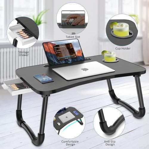 Zapuno Foldable Laptop Bed Table, Laptop Desk, Breakfast Tray, Arc Shape | Multi-function Lap Bed Tray, Storage Drawer and Water Bottle Holder, Slot for Eating, Working, For Bed/Couch/Sofa