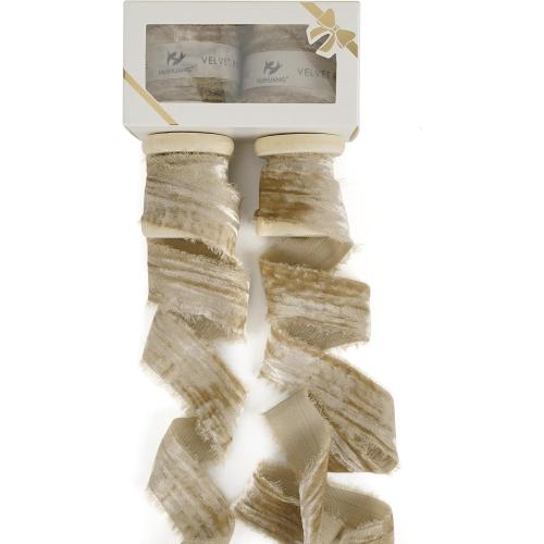 HUIHUANG Khaki Velvet Ribbon 1 inch Tan Frayed Velvet Ribbon Crinkled Silk Velvet Ribbons for Gift Wrapping, Floral Bouquet, Ornaments Crafts, Christmas Tree Decoration, Wreaths, Fall Decor