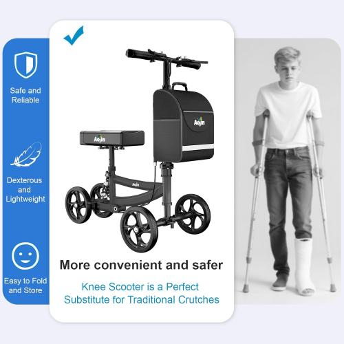 Knee Scooter, 300lbs Capacity, 13 Big PU Seat, All Terrain Foldable Knee Scooter Walker with Bag for Foot Injuries Compact Crutches Alternative (Black)