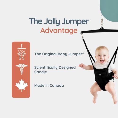 Jolly Jumper Classic (Black) with Stand - Original Baby Jumper, Indoor and Outdoor Exercise Saddle Seat, Adjustable Height, for Infants up to 28lbs