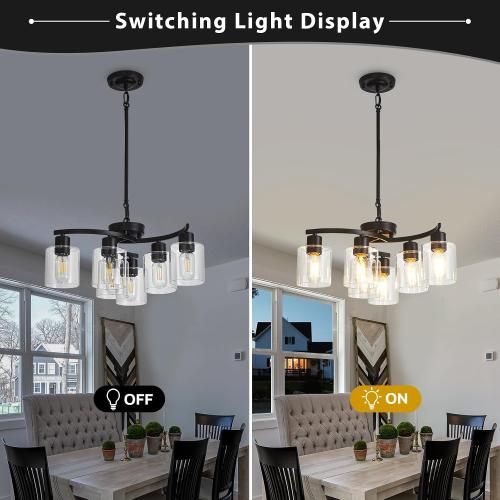 6 Light Contemporary Chandelier Black Modern Farmhouse Chandelier Hanging Lighting Fixtures Industrial Pendant Ceiling Light with Clear Glass Shade Ceiling Light Fixtures for Dining Room Living Room (See The picture for the color)