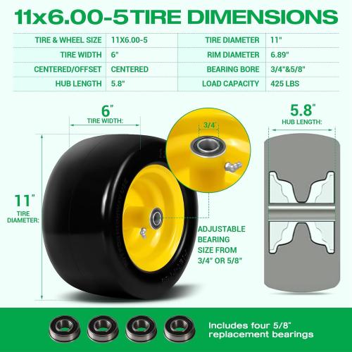 11x6.00-5 Flat Free Lawn Mower Tire Wheels; 2 Packs Smooth Tread Puncture-proof Tire for Lawnmowers, Replacement 3/4 & 4 Pcs 5/8 Bearing with 24 Spacers for Zero Turn Mowers 、Garden Tractors Carts