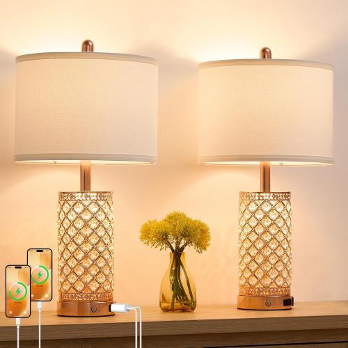 Crystal Table Lamps Modern 3-Way Dimmable Bedside Lamp with 2 USB Ports & AC Outlets for Living Room Bedroom Nightstand Lamp Night Light (Rose Gold-2 Pack 24In)