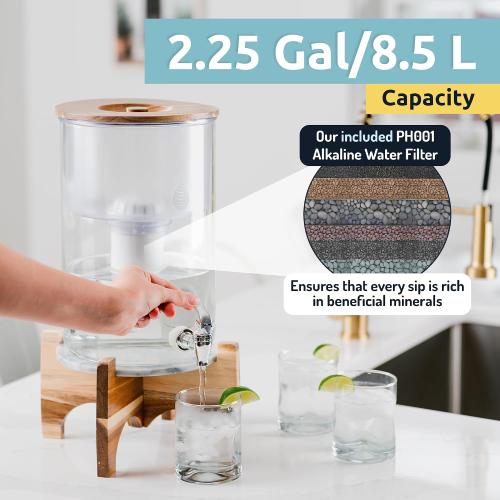 CLEAR AND WOODEN Invigorated Water pH Recharge Alkaline Water Filter Dispenser – BPA-Free Glass Countertop Water Filter Pitcher Purifier for Home & Office, 36-Cup Capacity, 360L Long Filter Life (Acacia/Marble)