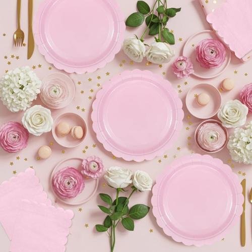 Oigco 50 Pcs Pink Plates and Napkins, Disposable Light Pink Scalloped Paper Plates & Napkins for Wedding Bridal Shower Birthday Baby Shower, Serves 25