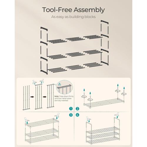 SONGMICS Shoe Rack, 3-Tier Shoe Organizer, Metal Storage Shelf, Upright or Upside Down, for 16-20 Pairs, Stackable, for Entryway, 11.8 x 36.2 x 21.7 Inches, Black ULSA303B02