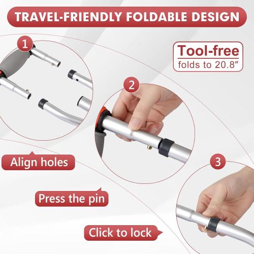 Aluminum Underarm Crutches for Adults & Seniors, Adjustable Height 38.2-61.8 in (16 Levels), Lightweight 2.0 lb Each, 300 lb per Pair, Non-Slip Tips, Tool-Free Setup, Push-Pin Locking