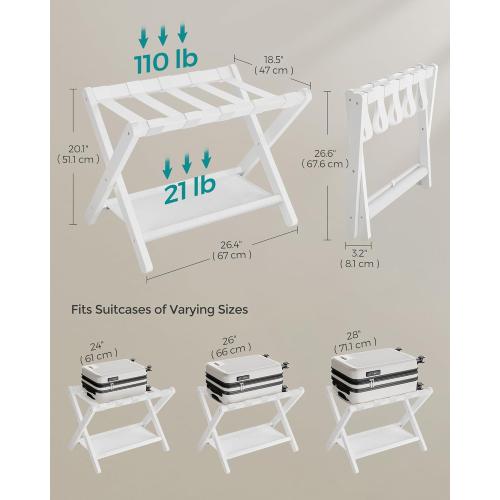 Luggage Rack, Folding Suitcase Stand with Storage Shelf, for Guest Room, Hotel, Bedroom, Classic White
