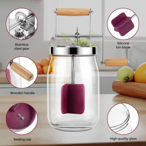 Butter Churn - Wooden Handle Shakes Stainless Steel Gear Manual Butter Maker, Butter Churner Hand Crank Mason Jar, Baking of Top Gadgets Butter Maker Cream Mixer (51oz)