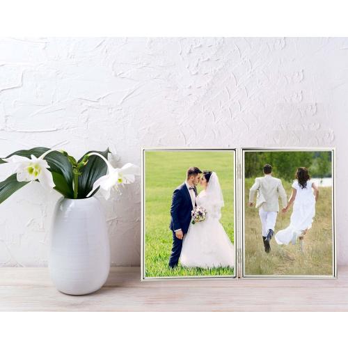 4x6'' Hinged Double Simply Silver Metal Picture Frame, Elegant Silver Plated Metal Photo Frames 4 x 6'' With Soft Touch Velvet Backing for Desktop