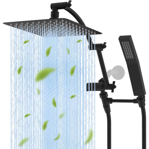 New Open for inspection Hibbent All Metal 10'' Rainfall Shower Head, Dual Shower Head Combo, High Pressure Handheld Shower Wand, 16'' Adjustable Arc-shaped Shower Extension Arm, 71'' Hose, Showerhead Holder, Matte Black