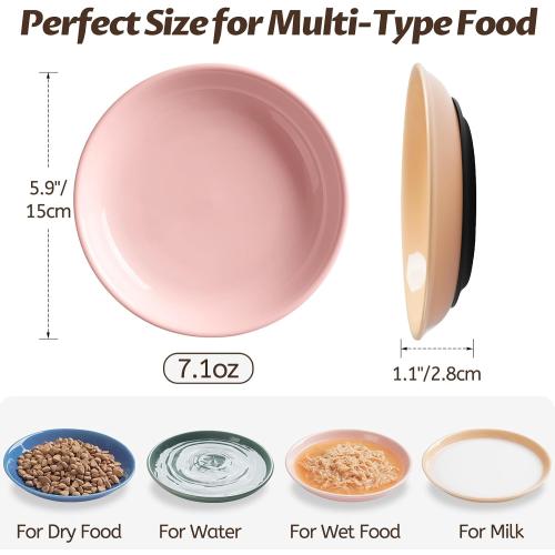 WROSWT Colorful Cat Food Bowl,Non-Slip Silicone Bottom Cat Bowls for Indoor Cats,Anti Whisker Fatigue Cats Dishes Set,Shallow Wide Kitten Plates for Food and Water,4 Pack