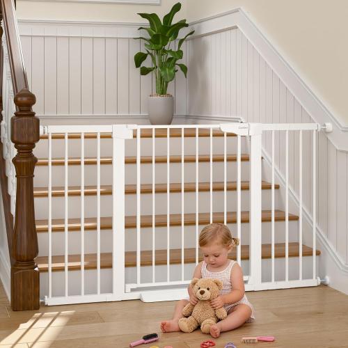 Cumbor 30-54 Extra Wide Baby Gate for Stairs, Dual Lock & Self-Closing Dog Gate Indoor, Easy Install Pet Gate for Doorways, Hallways & Kitchen, Easy Walk Thru Safety Proofing for Babies & Pets, White