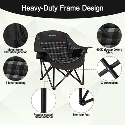 Youtanic Oversized Extra Large Padded Camping Chair, Heavy Duty 400 lbs Foldable Lawn Chair, Ergonomic Outdoor Seat with Plaid Design, Cup Holders & Storage Pockets for Fishing, Sports, Black