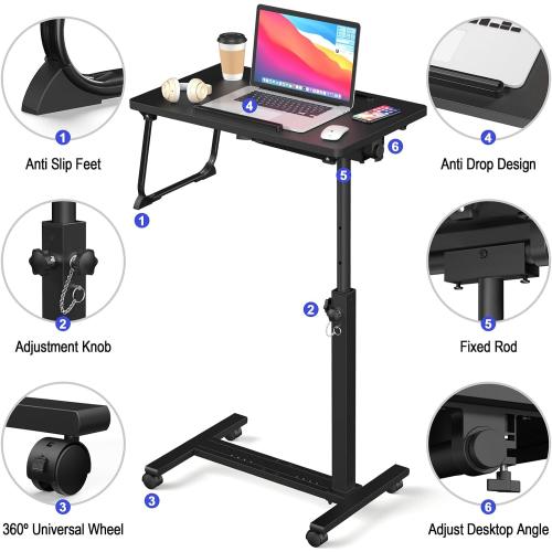 Black Adjustable Overbed Bedside Table, Hospital Bed Table with Wheels, Portable Rolling Desk, Mobile Small Standing Desk, Rolling Laptop Stand, Computer Cart