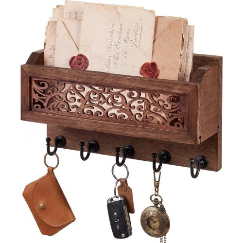 Novabright Wooden Key Rack Wall Mount with Mail Holder, 5 Hooks Carved