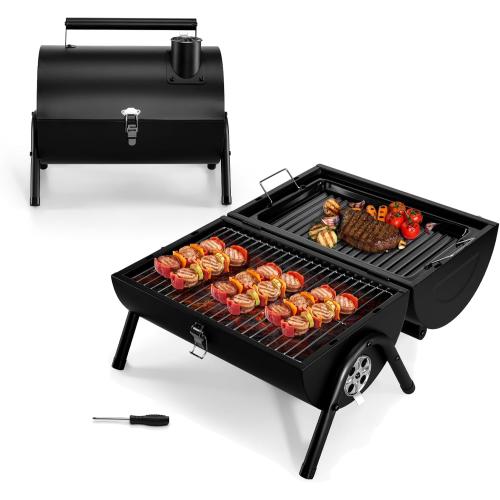 Leonyo Portable Charcoal Grill, Small BBQ Grill with Food Tray & Rack, Metal Small Tabletop Barbecue Smoker Ideal for Outdoor Camping Grilling Party Picnic, Two Side Carbon Griller(235Sq.in)