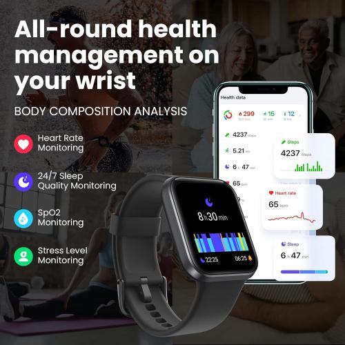 Black Padmate C21 Smart Watch(Answer/Make Calls/Email) for Men Women, Alexa Built-in, 60  Sport Modes, Waterproof 1.69' Touch Screen Fitness Tracker, Sleep Heart Rate Monitor for Android & iPhone Smartwatch