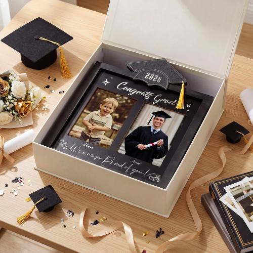 Wenqik Then and Now Graduation Picture Frame Double 5x7 Photo Frame Class of 2026 Graduation Gifts for Son Daughter High School College Graduates Wooden Photoframe Graduate Keepsake(Silver,Grad Cap)