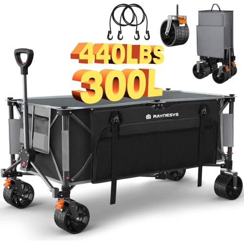 Black and Grey Collapsible Wagon Cart with Wheels, 440lbs 300L Heavy Duty Folding Wagon, Foldable for Sports Beach Grocery Camping - Upgraded Effortless Elegance, Black / Gray, RAYS-1