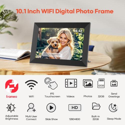 Frameo Size 10.1 Inch WiFi Digital Picture Frame with 32GB Memory, 1280 x 800 IPS Touch Screen Smart Electronic Photo Frame, Wall Mountable, Auto-Rotate, Share Photos/Videos Via Frameo App from Anywhere