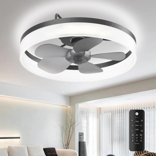 Size 19.7 Ceiling Fans with Lights, 19.7'' Flush Mount Ceiling Fan with Lights and Remote, 3000K-6000K Dimmable Modern Low Profile Ceiling Fans for Bedroom Living Room, 6 Speeds Fandelier LED Fan Light