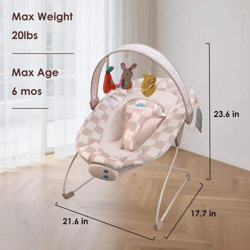 Tiny Marvels Baby Bouncer, Baby Bouncer Seat with Music for 0-6M, 20lbs | Soothing vibration, sensory toys, 3-point safety harness, machine washable seat, melodies 0–6 months, baby boy