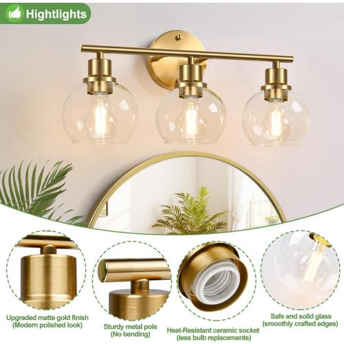 3-Light Bathroom Light Fixtures, Brushed Gold Modern Vanity Lights Over Mirror with Clear Glass Globe Shade, Bathroom Wall Sconces for Mirror Kitchen Living Room Hallway Cabinet Bedroom Porch