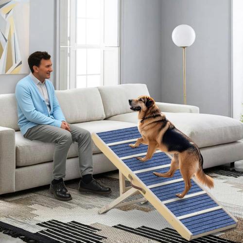 Dog Ramp for Bed, Upgraded 46.8 Long Portable Dog Ramp for Couch, Wood Folding Pet Ramp for All Breeds Large Old Dogs to Get on Bed, 5 Adjustable Heights 14.8 to 26.2 (Wood, Up to 150lbs)