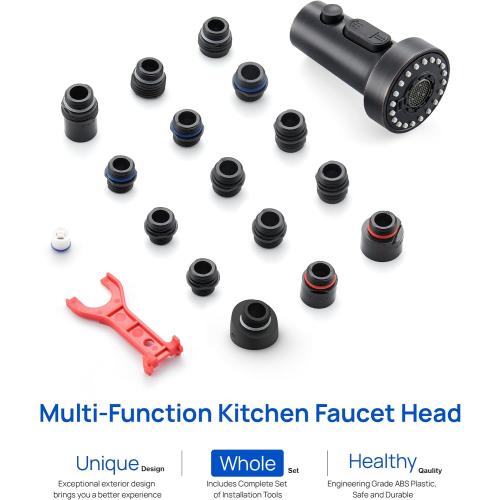 J-HVA Pull Down Kitchen Faucet Sprayer Head Replacement Part, 3 Function with 15 Adapters Pull Out Sink Sprayer Replacement Nozzle, Kitchen Faucet Head Hose Spray Tap Spout, Matte Black