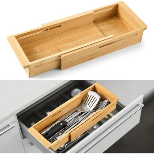 LemonRoad 1 Pcs Sliding Drawer Organizer Bin Bamboo Drawer Expandable Bins Utensil Organizer for Kitchen Spoons Forks Knives (Wood)