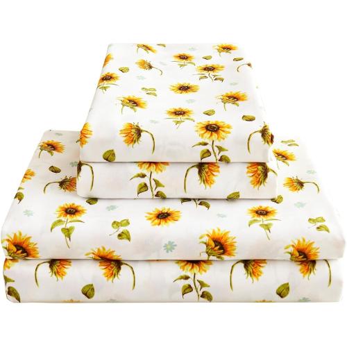 Softan Floral Sheet Set Queen, Sunflower Printed Bed Sheets Queen, Cozy Double Brushed Microfiber Fitted Sheet with 15 Deep Pocket and Corner Straps, Cute Yellow Flower Sheet & Pillowcase Sets