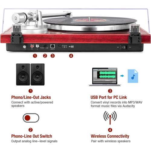 1 BY ONE Belt Drive Turntable with Bluetooth Connectivity, Built-in Phono Pre-amp, USB Digital Output Vinyl Stereo Record Player with Magnetic Cartridge, 33 or 45 RPM