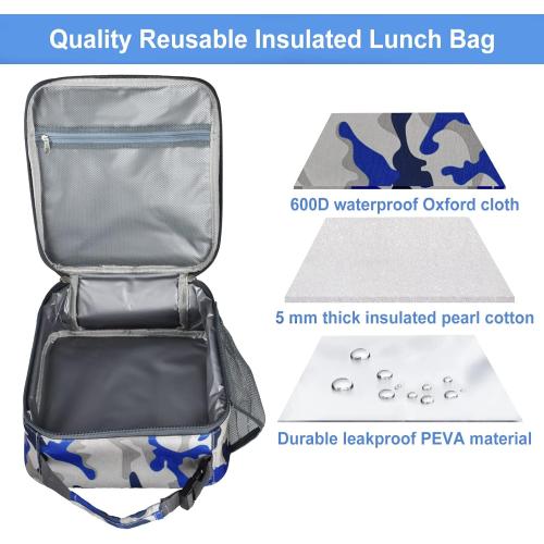 Insulated Lunch Bag, Leakproof Portable Box for Women Men Boys Girls, Large Capacity Cooler Bag with Handle and Bottle Pocket for Office School Camping Hiking Outdoor Beach Picnic (Camo Blue)