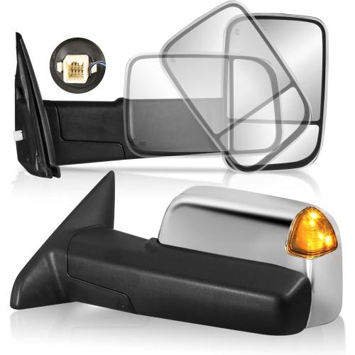 Pair Power Heated Towing Mirrors Compatible for 2002-08 Dodge 1500, 2003-09 Ram 2500 3500 w/Turn Signal Side Tow Mirrors Extendable Flip Fold (Chrome)