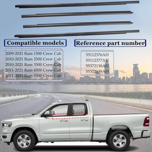 4Pcs Car Window Weather Stripping Molding Trim Seal Belt KitCompatible with Dodge Ram 1500 2500 3500 4500 5500 Crew Cab 2009-2023, Replaces OEM# 55112376AH 55112377AH 55372138AH 55372139AH