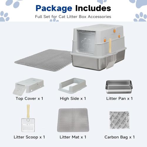 TENTIZON Stainless Steel Cat Litter Box with Lid, Large Covered Enclosed Kitty Litterbox with Hood, Flip Top, High Side, Litter Mat, Scoop for Big Cats, Kitten, No Odor, No Mess, Easy Clean, Grey