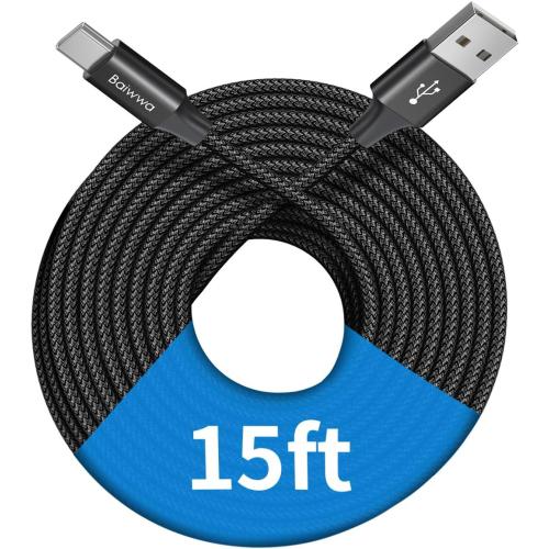 Baiwwa Long USB C Cable 15ft, USB A to Type C Cable Charger Cord Premium Nylon Braided for iPhone 16 15 Series Samsung Galaxy Note Tab, Moto, LG, Pixel and More USB C Smartphone & Tablet